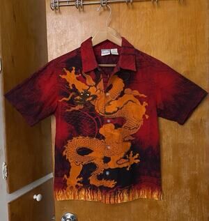 Vintage 90s Y2K Japanese Dragon Button Down Shirt Anime Streetwear Sz 8 Retro XS